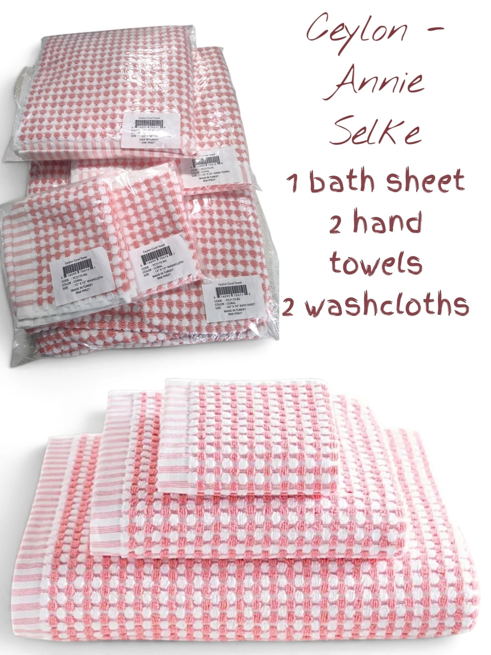 🆕 5 Piece Ceylon Annie Selke Coral Pink Waffle Weave Towel Set Turkish Cotton
